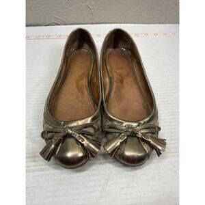 Coach Sophia Gold Metallic‎ Canvas Tassel Bow Tie Ballet Flats Size 8.5
